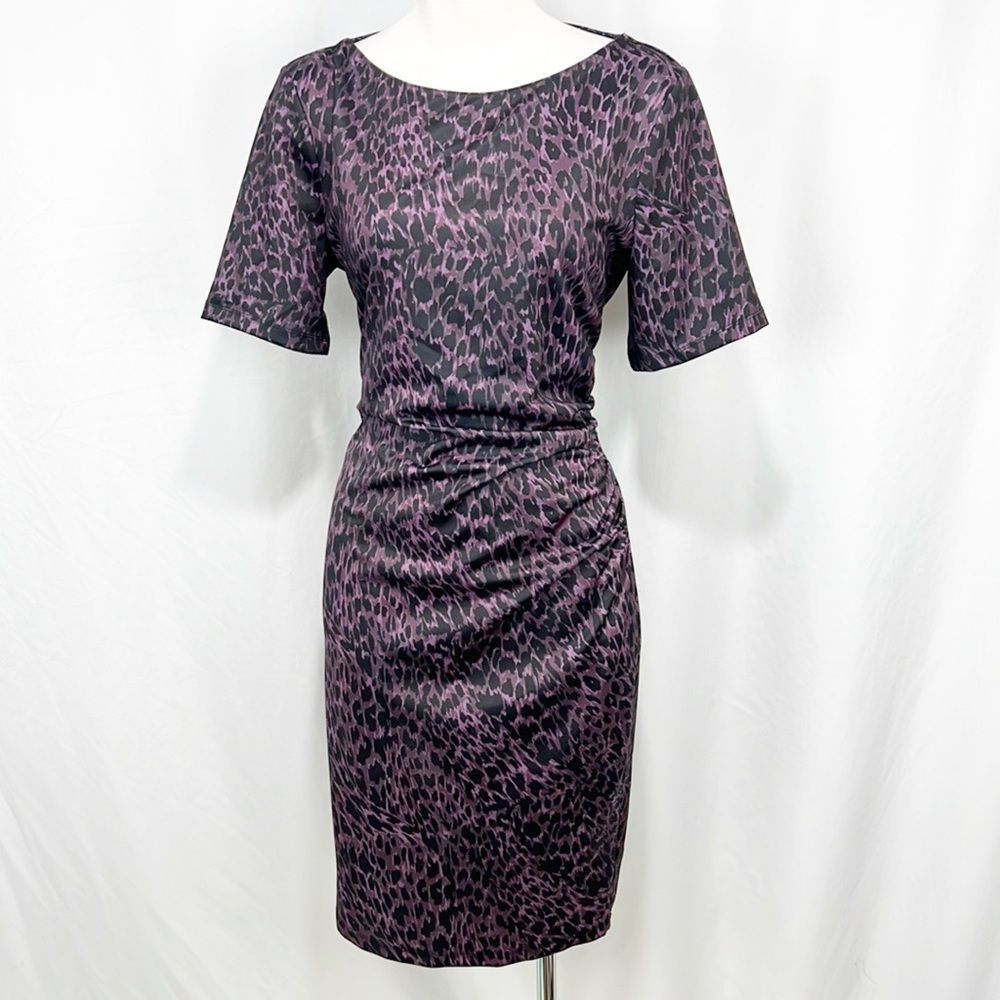 Elie Tahari Raveena Ruched Sheath Dress Aubergine Purple & Black Leopard Print 8 - Picture 4 of 13
